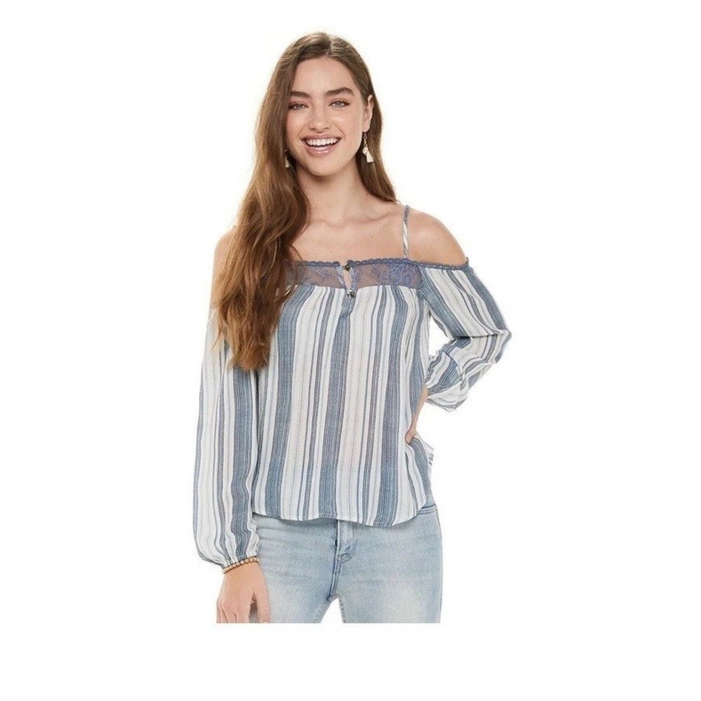 NWT Women's Juniors REWIND Blue Striped Long Sleeve Cold Shoulder Blouse Small